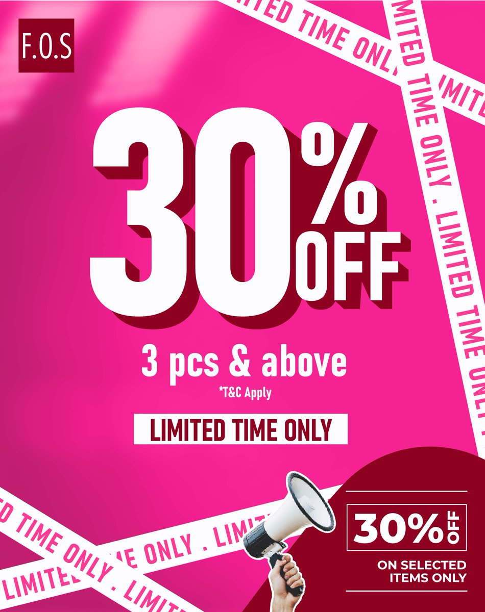 FOSmalaysia's tweet image. ✨ GOOD NEWS GENG! ✨
30% OFF when you beli 3 pcs &amp;amp; above ‼️🔥
💥 LIMITED TIME ONLY – cepat before it's gone!
T&amp;amp;C apply *
#FOSMalaysia #30PercentOff #ShoppingTime #SaleGila