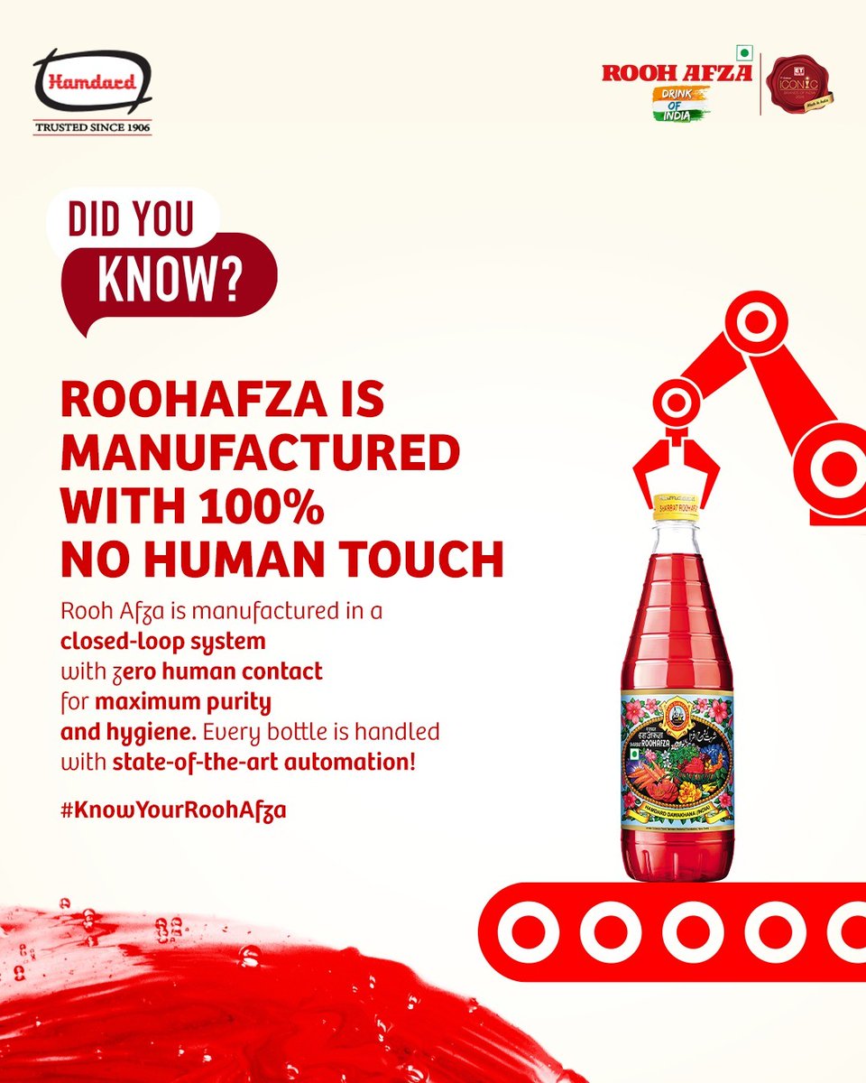 RoohAfzaIndia's tweet photo. RoohAfza is produced with 100% no human touch, ensuring the highest standards of hygiene and quality
#KnowYourRoohAfza #HygieneFirst #UncompromisedQuality #HamdardRoohAfza https://t.co/Hbf9pdgKFF