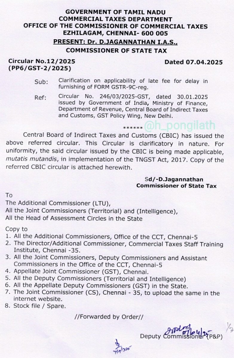 h_pongilath's tweet photo. Commissioner of Commercial Taxes #TamilNadu , clarified on applicability of late fee for delay in furnishing of Form GSTR 9C - 
#GST #CBIC #TNGST #Traders #GSTR9C 
(1/2) https://t.co/jB875pJVvO