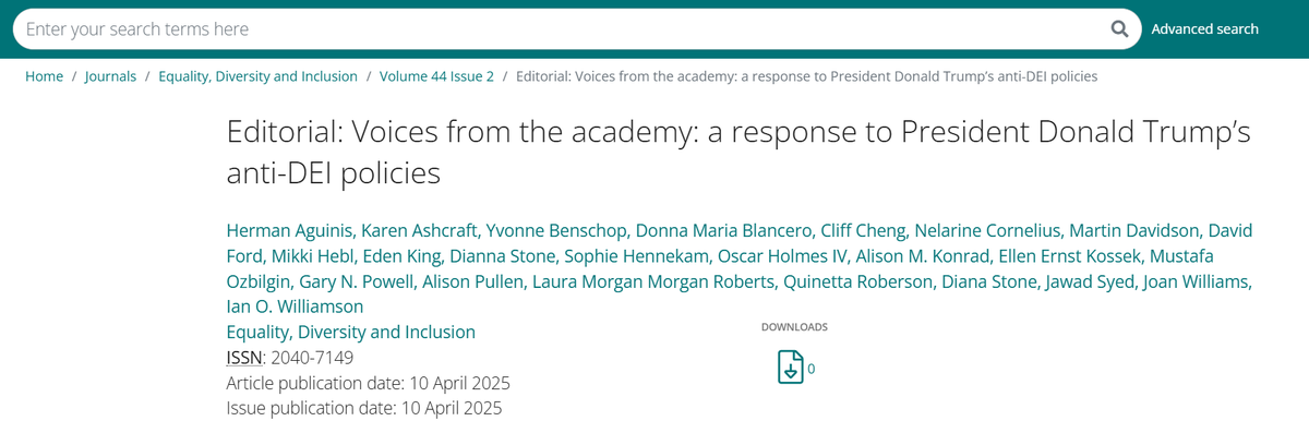 EDI Journal (@edi_journal) on Twitter photo Editorial <a href="/EDI_Journal/">EDI Journal</a> : Voices from the #academy: a response to President Donald #Trump’s anti-DEI policies. Many thanks to our esteemed colleagues for their contributions. We will continue with our efforts to defend and advance #DEI.
Read here: emerald.com/insight/conten… Editorial <a href="/EDI_Journal/">EDI Journal</a> : Voices from the #academy: a response to President Donald #Trump’s anti-DEI policies. Many thanks to our esteemed colleagues for their contributions. We will continue with our efforts to defend and advance #DEI.
Read here: emerald.com/insight/conten…