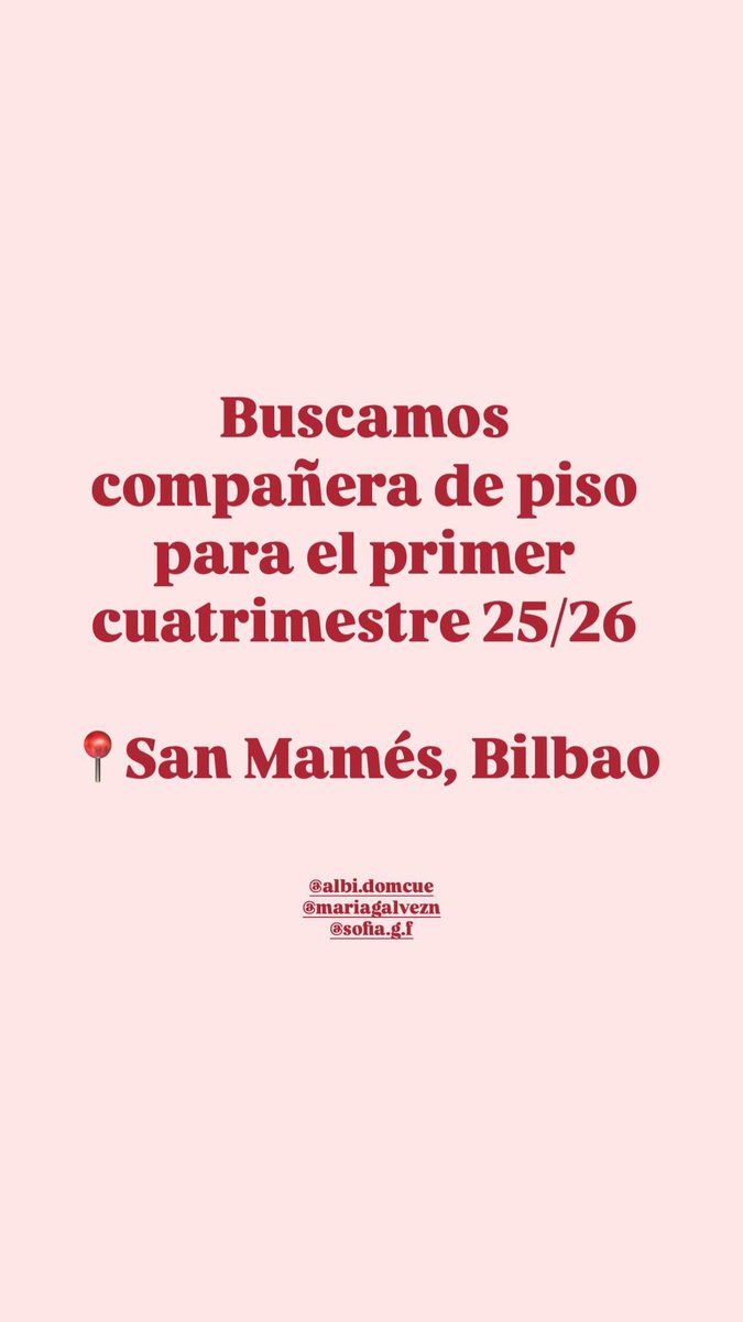 Albba_028's tweet photo. Hola!! Buscamos compi de piso para el primer cuatri del año que viene en Bilbo. Es un piso de 3 personas a 5 minutos de Intermodal. Se agradece difusión!🥰🤩 https://t.co/XzWrDiiArY