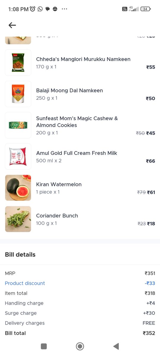 Mayankeducator's tweet photo. Just ordered from @letsblinkit , not aware of surge and handling fee . 34 rs as surge and handling fee on order of 300 rs . Is it economical in jabalpur ? @deepigoyal .  And after realising that they are charging surge fees , no option to cancel the order . https://t.co/btquNq8R0F