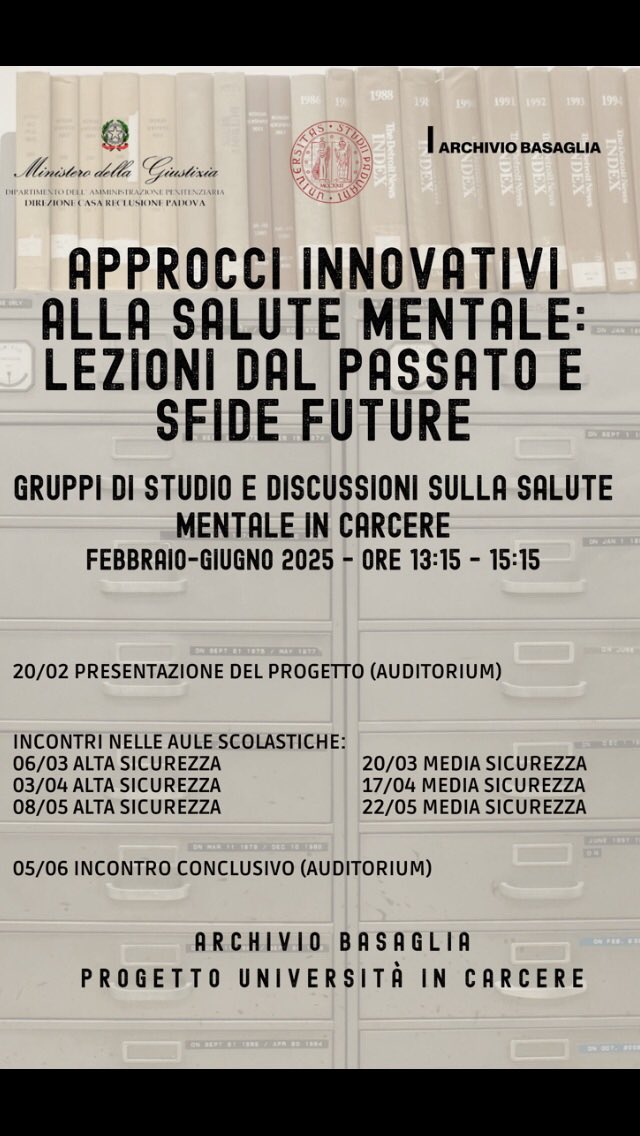 Continua la collaborazione tra il Progetto Università in #carcere <a href="/UniPadova/">Università di Padova</a> e Archivio #Basaglia sulla salute mentale: gruppi di discussione con gli studenti in esecuzione di #pena