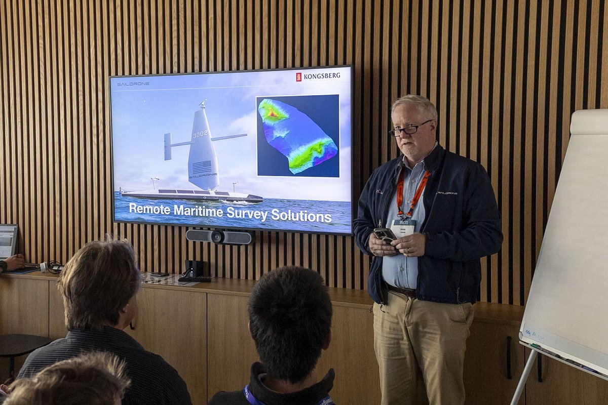 saildrone's tweet image. It was standing-room only at yesterday's #OceanBusiness2025 demo with @kongsbergasa of how we use Saildrone USVs to map the seafloor remotely from anywhere in the world. Couldn't get in the door? We've got a second session today at 14:30 in the John Swallow room!