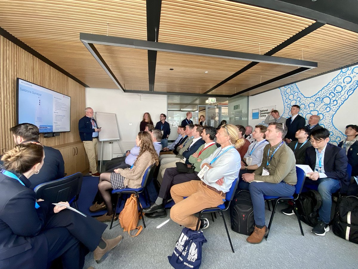 saildrone's tweet image. It was standing-room only at yesterday's #OceanBusiness2025 demo with @kongsbergasa of how we use Saildrone USVs to map the seafloor remotely from anywhere in the world. Couldn't get in the door? We've got a second session today at 14:30 in the John Swallow room!