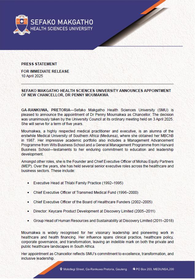 DkModise's tweet image. Sefako Makgatho Health Sciences University proudly welcomes Dr Penny Moumakwa as Chancellor! 👏 

#Leadership #HealthSciences #SMU #WeAreSMU