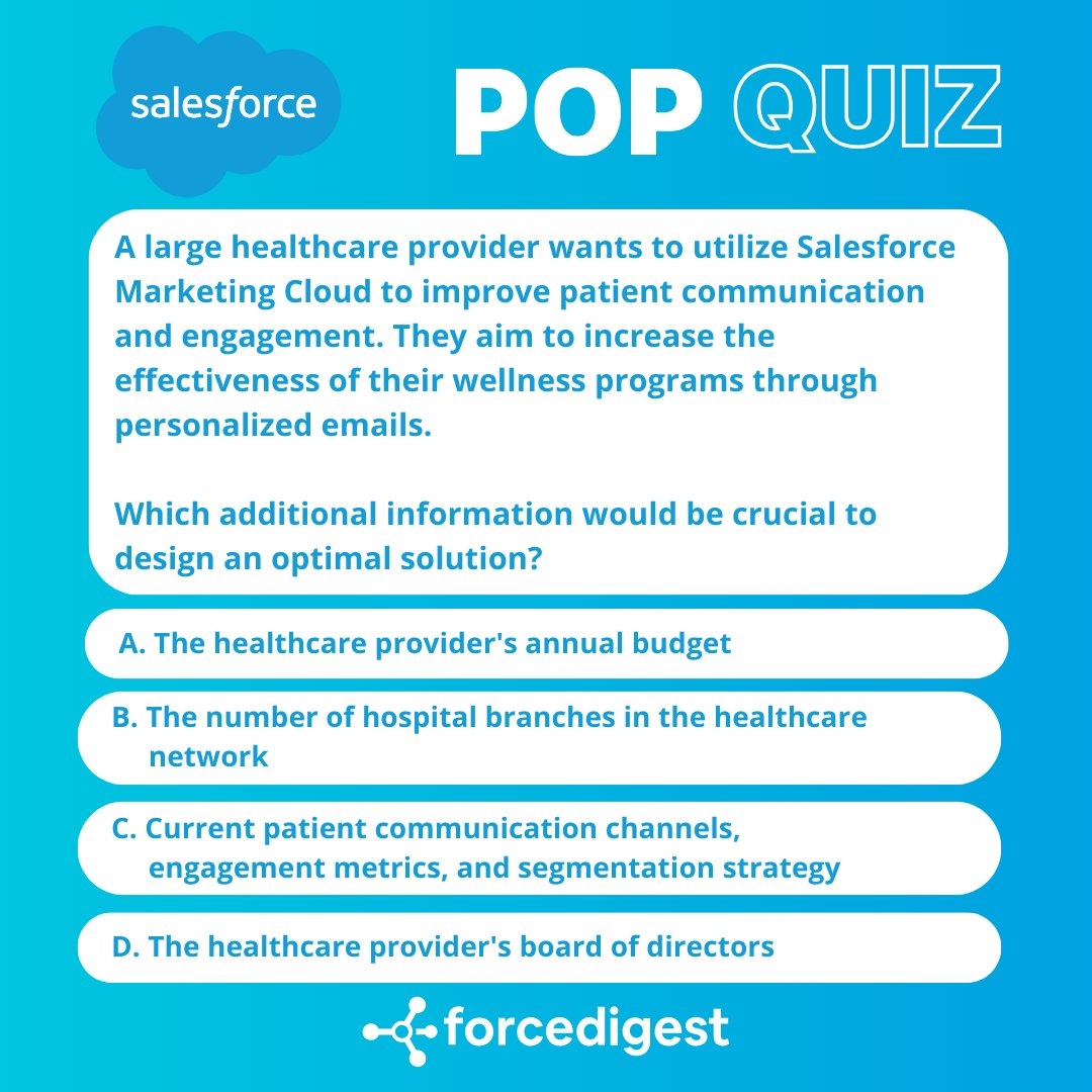 ForceDigest's tweet image. ✨ #ForceDigest Daily Pop Quiz - Salesforce Certified Marketing Cloud Consultant

#SalesforceMarketing #MarketingCloud #SFMC #SalesforceCertified #DigitalMarketing #MarketingAutomation #CustomerEngagement #SalesforceCRM #MarketingTech #MarketingSolutions #SalesforceExpert