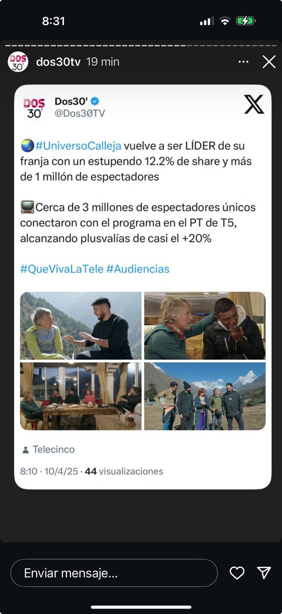 Muchísimas gracias por estos datos de audiencia, siendo lo más visto en el Prime Time y hacerlo con esta maravilla de programa UNIVERSO CALLEJA que va de buen rollo, de amistad, aventuras, paisajes únicos, tolerancia, culturas y muchas aventuras!
próximo miércoles a las 23h en