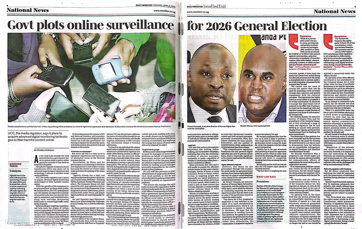 Reports of govt plotting online surveillance ahead of the 2026 general elections raise serious concerns. Such tactics threaten privacy, silence dissent &amp; shrink civic space. Democracy demands transparency, not spying. #StopSurveillance #UgandaDecides2026