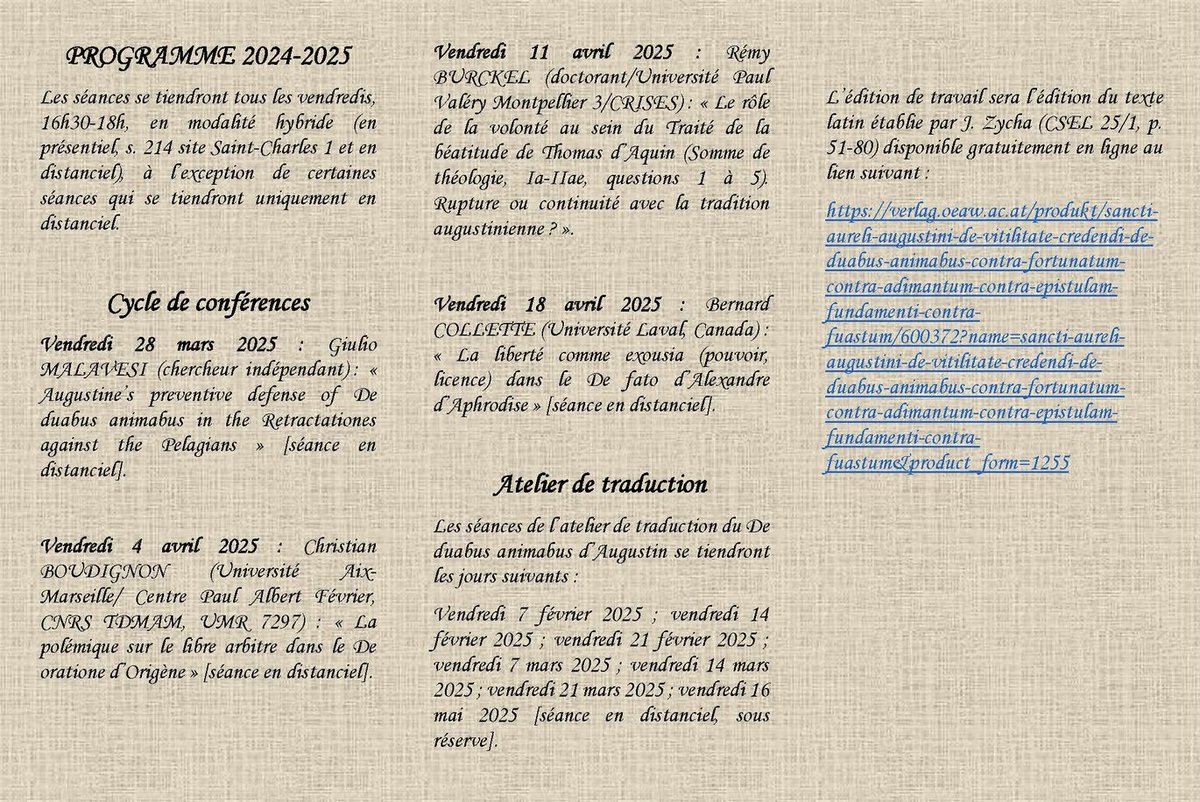 CRISES (@crises_umpv) on Twitter photo ➡️Conférence de Bernard Collette : « La liberté comme exousia (pouvoir, licence) dans le De fato d’Alexandre d’Aphrodise » vendredi 18 avril 2025, 16h45-18h15. Séance en distanciel. Inscription à l'adresse : jerome.lagouanere@univ-montp3.fr
Plus d'infos : crises.www.univ-montp3.fr/fr/alter-et-ip… ➡️Conférence de Bernard Collette : « La liberté comme exousia (pouvoir, licence) dans le De fato d’Alexandre d’Aphrodise » vendredi 18 avril 2025, 16h45-18h15. Séance en distanciel. Inscription à l'adresse : jerome.lagouanere@univ-montp3.fr
Plus d'infos : crises.www.univ-montp3.fr/fr/alter-et-ip…