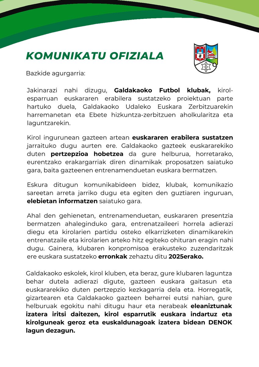 cd_galdakao's tweet photo. ⚽✅CD Galdakaok euskararen erabilera sustatzeko proiektuan parte hartuko du @GDKOUdala|rekin eta Ebete hizkuntza-zerbitzuekin elkarlanean

⚽✅Helburua: gazteen artean #euskara|ren erabilera indartzea #kirol esparruan https://t.co/Bfpg0YFlI7