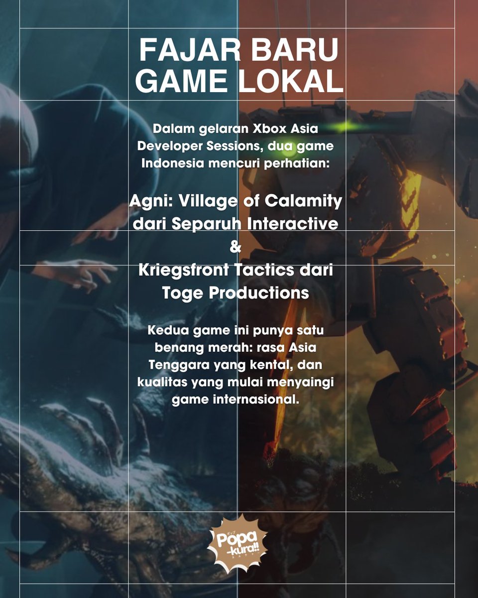 popakura's tweet photo. Makin serius &amp; makin keren! 
Dalam gelaran Xbox Asia Developer Sessions, 2 game lokal tampil membanggakan:
- Agni: Village of Calamity (Separuh Interactive)
- Kriegsfront Tactics (Toge Productions)

#AgniVillageOfCalamity #KriegsfrontTactics #SeparuhInteractive #TogeProduction https://t.co/7fABb9mJyc
