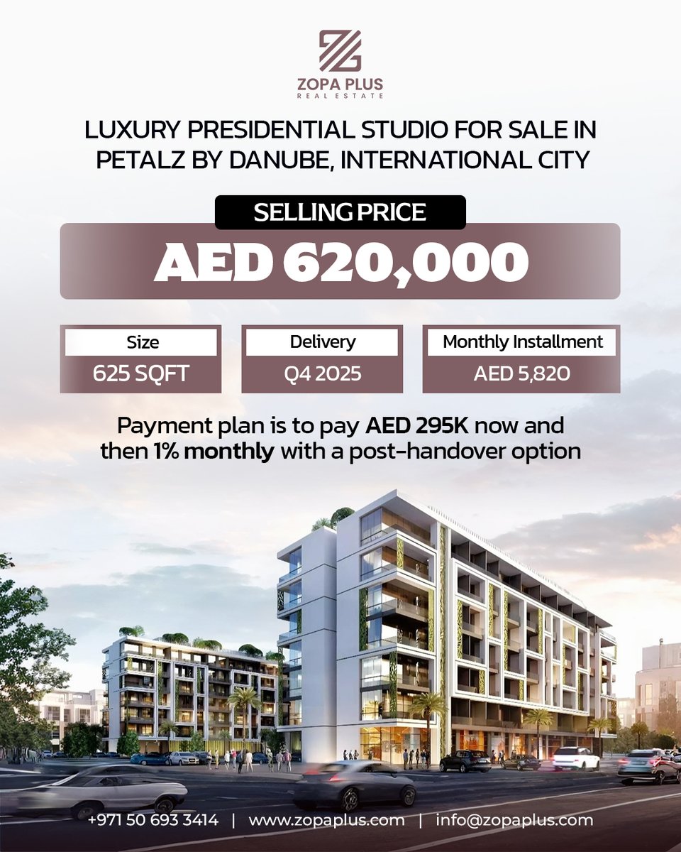 zopaplus's tweet image. ✅ Price: AED 620,000
✅ Size: 625 sqft
✅ Delivery Date: Q4 2025
✅ Monthly Installment: AED 5,820
✅ Payment Plan: Pay 295K now, then 1% monthly with Danube's post-handover payment plan.
📞 Contact us now
+971 50 693 3414
zopaplus.com