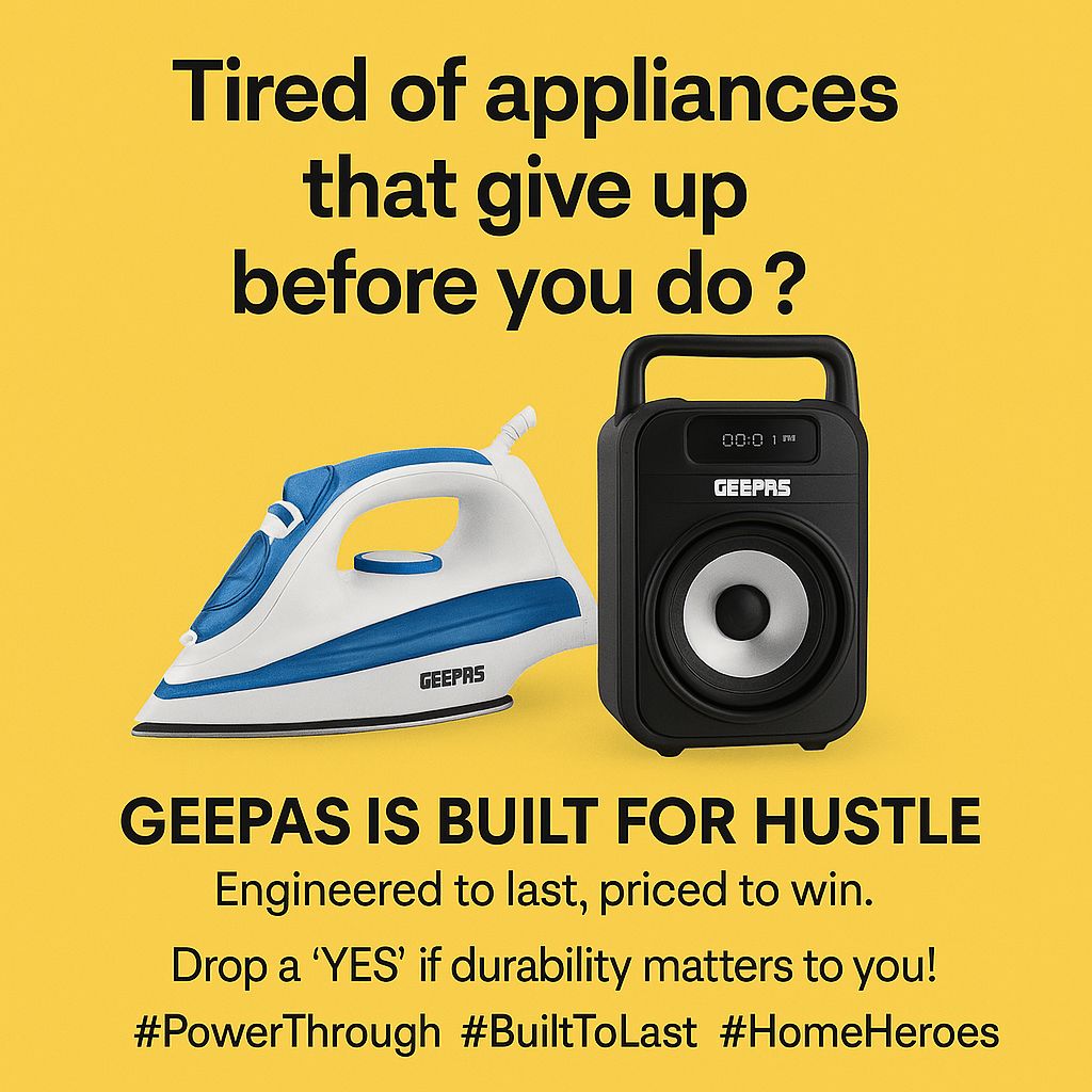 GeepasUganda's tweet image. GEEPAS  is built for hustle  engineered to last , priced to win.
Quality that doesn't  quit

DROP  A "Yes"  if the durability  matters to you

#PowerThrough #Builttolast  #HomeHeroes #GEEPASUganda 
#TechForlife