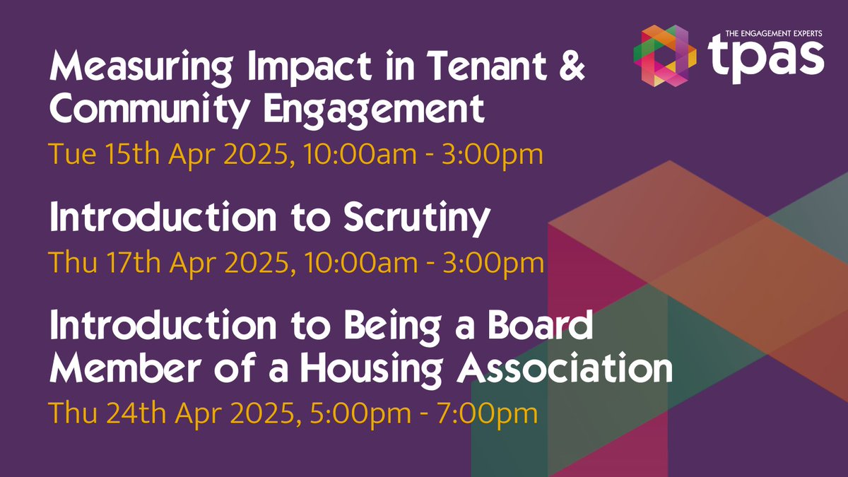 Get ahead with the Tpas Training Programme. We have a wide range of digital training available on our website to take a look at.

Here's a look at some of our upcoming training.

Book your places now: tpas.org.uk/tpas-events/tr… #ukhousing #tpastraining