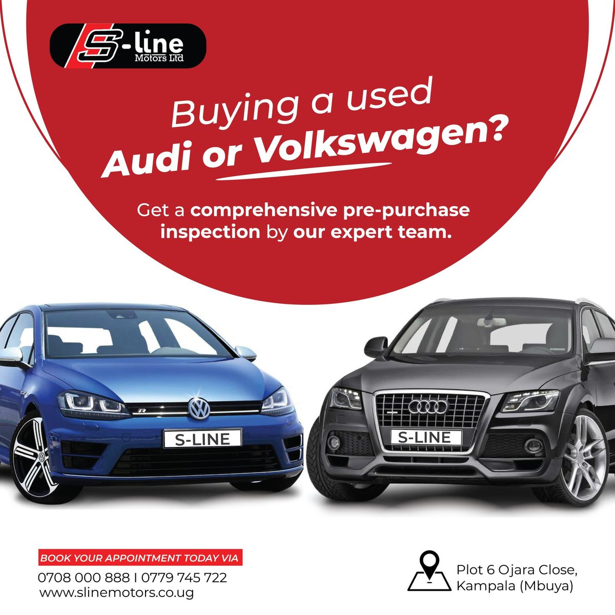 Thinking of buying a used Audi or Volkswagen? 🤔

Don’t take chances — get a comprehensive pre-purchase inspection by our expert team at S-Line Motors Ltd.

Visit us: Plot 6 Ojara Close, Kampala (Mbuya)
Book now: 0708 000 888 | 0779 745 722
slinemotors.co.ug