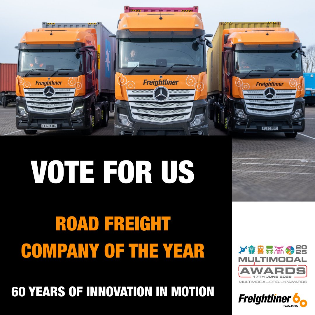 Freightliner (@railfreight) on Twitter photo We're nominated for 'Road Freight Company of the Year' at this year's <a href="/multimodal/">Multimodal 2025</a> awards. 🎉
Our end-to-end logistics service wouldn't be complete without our road capability.
Vote for the #Freightliner team today ➡️ info.multimodal.org.uk/l/339301/2025-… We're nominated for 'Road Freight Company of the Year' at this year's <a href="/multimodal/">Multimodal 2025</a> awards. 🎉
Our end-to-end logistics service wouldn't be complete without our road capability.
Vote for the #Freightliner team today ➡️ info.multimodal.org.uk/l/339301/2025-…