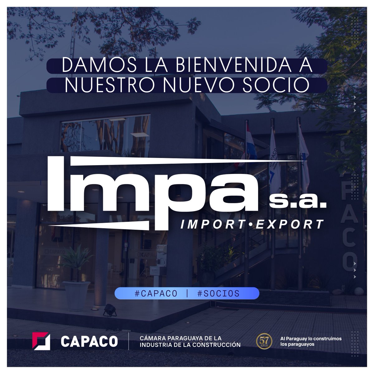 🤝#NuevosSocios | Saludamos a IMPA S.A., que se incorpora como nuevo socio de #CAPACO. Su presencia fortalece nuestra red y compromiso con el crecimiento del sector de la construcción en Paraguay.

¡Bienvenidos! 👷‍♂️🇵🇾

#IndustriaDeLaConstrucción
#SocioCooperador #ParaguayConstruye
