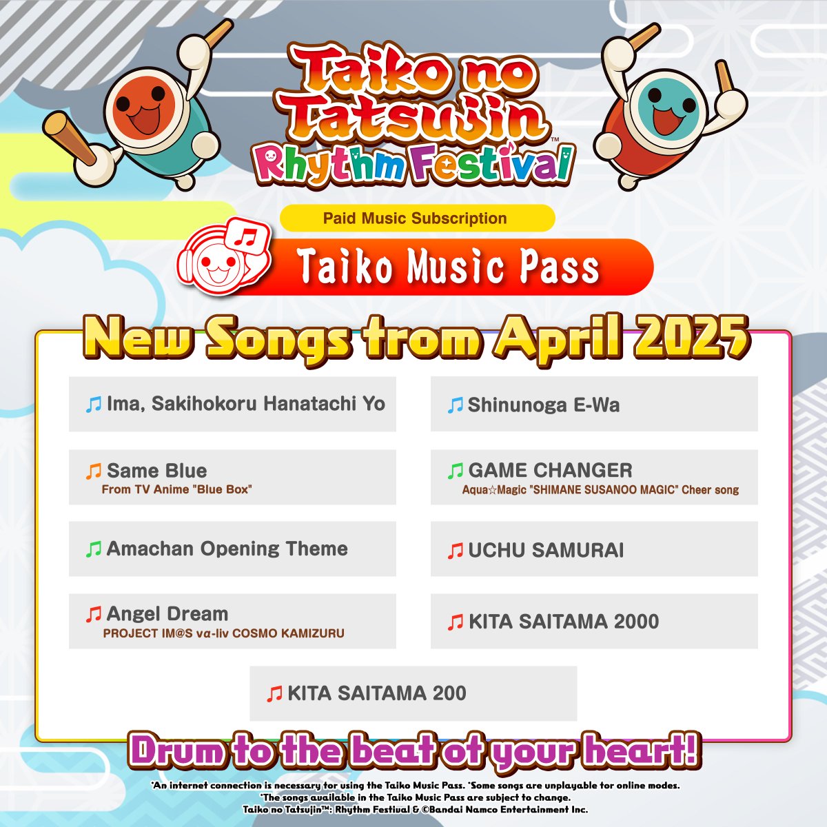 taiko_en's tweet image. These songs are coming soon! This month, even! 🎉
Get the latest with Taiko Music Pass in #TaikonoTatsujin Rhythm Festival.
🥁Drum to the beat of your heart!