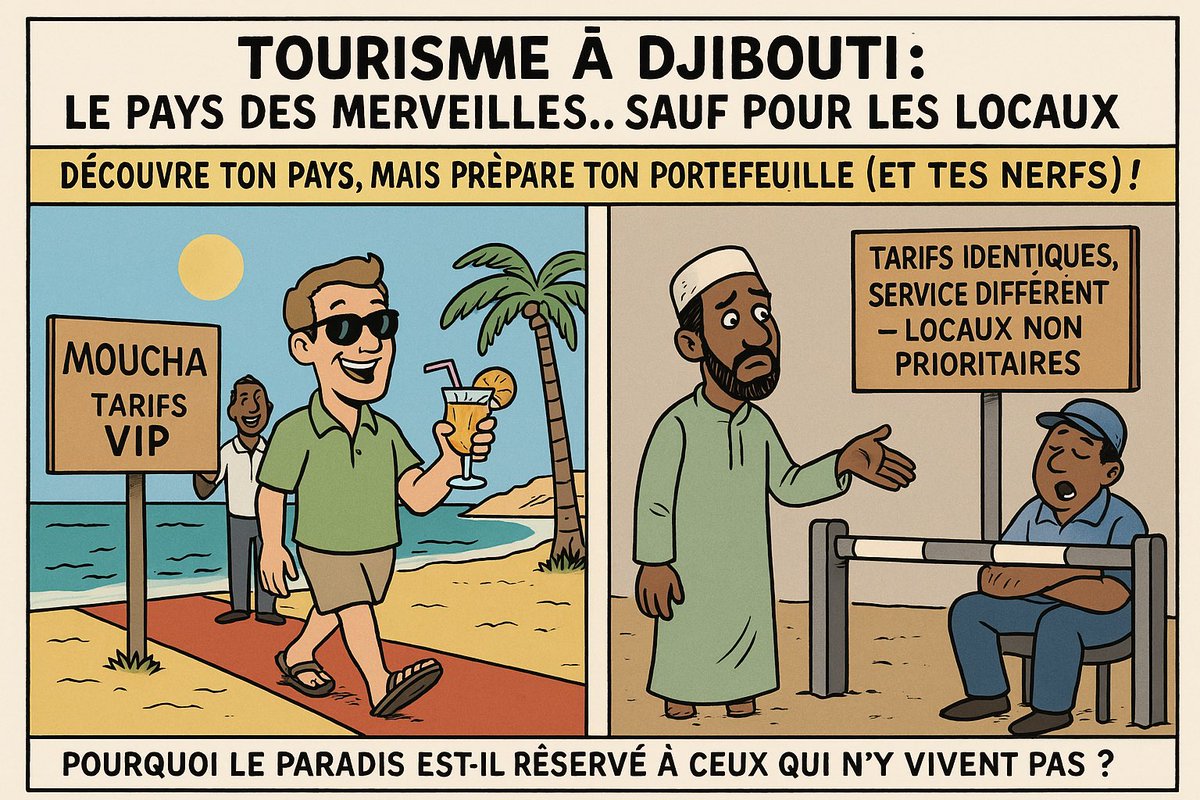 Kader_K_'s tweet photo. Djibouti, paradis touristique réservé aux étrangers (et interdit aux Djiboutiens ?)

Par Bara Sans Mirage.

Quand on pense à un joyau touristique, on imagine souvent des brochures bien léchées, des plages dorées, des vues à couper le souffle… Eh bien, Djibouti coche toutes les cases. Mieux encore, notre petit bout de terre de la Corne d’Afrique a un potentiel touristique gigantesque ! Entre les paysages lunaires du Lac Abbé, le sel aveuglant du Lac Assal, les dunes infinies du Grand Bara, les hauteurs d’Arta, le paradis vert de Day, ou encore les eaux turquoises des îles Moucha et des plages comme Ambado ou Sable Blanc… il y a de quoi faire jalouser n’importe quel guide Lonely Planet.

Mais alors, pourquoi ce secteur est-il encore plus désertique que le Grand Bara ? Réponse simple : infrastructure manquante, volonté politique floue, et surtout… une stratégie touristique qui oublie que les Djiboutiens existent.

Oui, vous avez bien lu. À Djibouti, il semble plus logique de chouchouter les touristes étrangers que d’imaginer un tourisme pour et avec la population locale. Le comble ? Que vous soyez un professeur de Tadjourah, un étudiant de Balbala ou un père de famille de Dikhil, vous paierez exactement le même prix qu’un expatrié européen en bermuda. Une nuit dans une paillote au bord de la mer ? 10000 balles, monsieur. Un tour en bateau à Moucha ? 6000 fdj. Une virée au Lac Abbé ? 20000fdj. Pas de tarifs résident, pas de tarif social, rien. Comme si, en franchissant la frontière invisible du tourisme, le Djiboutien devenait soudain un étranger sur sa propre terre.

Et encore… Ce n’est pas seulement une question de prix. C’est aussi une question de traitement. Quand l’expat arrive, on sort le cocktail, la serviette pliée en forme de cygne et les guides francophones ou anglophones. Quand le Djiboutien débarque ? Un sourire discret (si on a de la chance), aucun effort d’accueil, et parfois même une impression gênante : "Tu fais quoi ici, toi ?"

Mais pourquoi ce deux poids, deux mesures ?

Est-ce que le développement du tourisme à Djibouti doit forcément rimer avec exclusion ? Ne serait-il pas plus intelligent et rentable de promouvoir le tourisme local, d’impliquer les jeunes, de former les guides du cru, de construire des petites infrastructures écoresponsables gérées par les communautés elles-mêmes ?

Voici quelques pistes qu’on pourrait envisager, si jamais quelqu’un au sommet lit cet article entre deux selfies de conférence :

•Créer des tarifs préférentiels pour les Djiboutiens, afin de leur permettre de découvrir leur propre pays.
•Impliquer les jeunes dans le développement de circuits touristiques locaux et durables.
•Encourager la création de petits campements communautaires, avec un soutien logistique et marketing.
•Lancer une plateforme nationale recensant tous les sites et les activités, avec une double tarification transparente (étranger/résident), comme cela se fait au Maroc, en Tunisie ou au Sénégal.

Parce que oui, comment un peuple peut-il aimer et protéger son pays s’il ne le connaît pas ?
Comment espérer voir fleurir un tourisme responsable si la moitié des habitants n’a jamais vu le Lac Assal autrement qu’en carte postale ?

Alors, chers décideurs, à quand une politique touristique qui inclut le peuple ?
Et vous, chers lecteurs : À quand votre dernière escapade dans votre propre pays ?