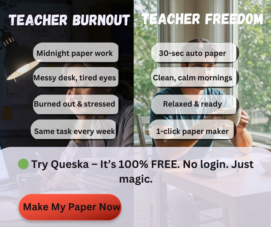 ⚠️ Warning: Don’t even think about creating another question paper manually until you try Queska!

Just upload your syllabus &amp; get a ready-to-use question paper in seconds. 🧠💥
No stress. No typing. All FREE.
👉aasthave.wixsite.com/queska
#Teachers #TimeSaver #AIforTeachers