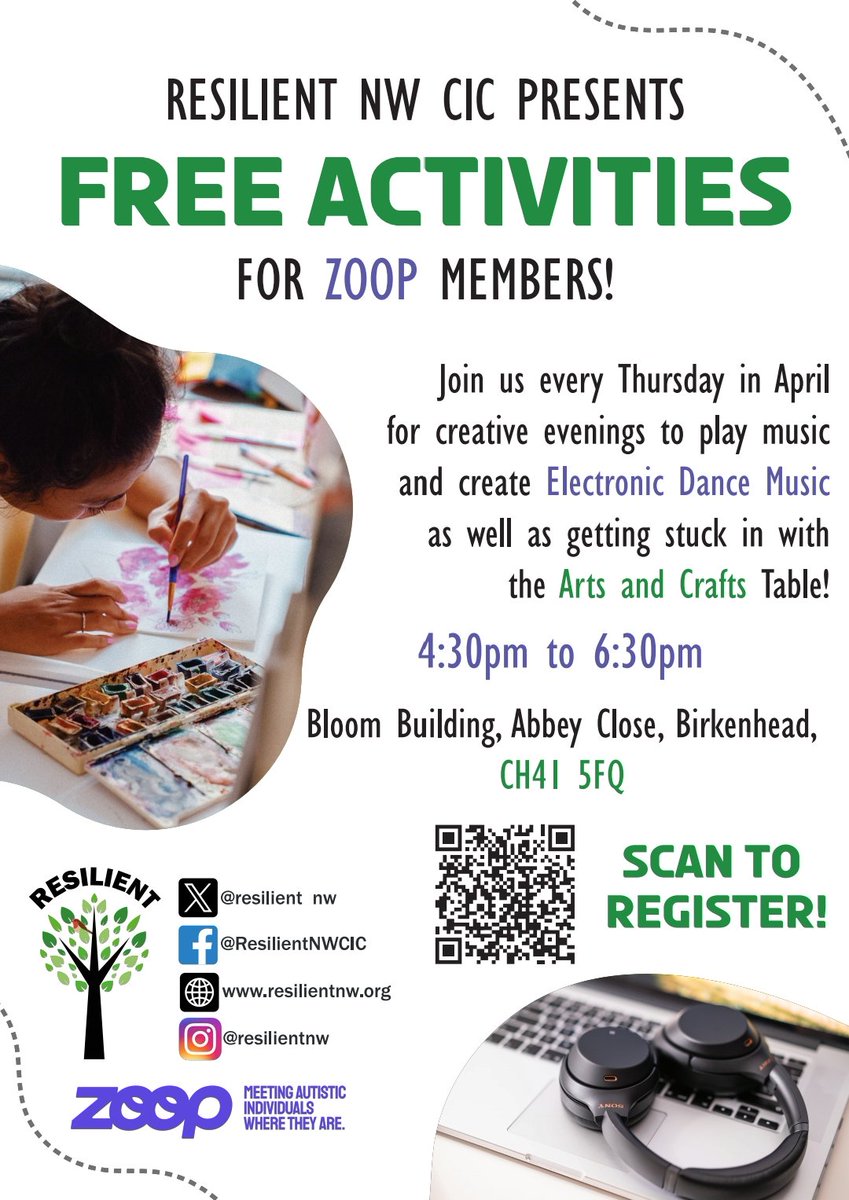 Quick reminder that we are at Bloom Building this afternoon from 4.30pm running activities for young adults over 18 who are on the pathway for an autism assessment or have been diagnosed. 

Scan the QR code to register your place. Look forward to seeing you! #AutismAwareness