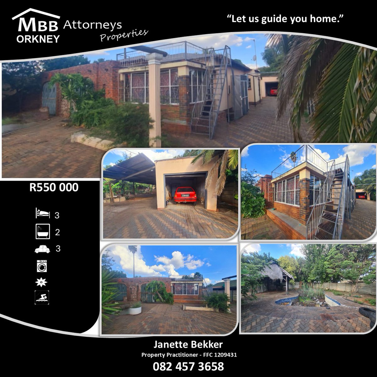 BekkerJanette's tweet photo. Orkney. 3 Bedrooms,2 Bathrooms, Kitchen with separate washing area,
Spacious open-plan Lounge &amp; Dining Room,
Sunroom – or study!  Staircase to  deck.
Flat, Garage, Double Carport, Swimming Pool,  Lapa,  Fenced and Gated 
💰 Priced  R550,000.00 
📞 Janette Bekker  082 457 3658 https://t.co/WlUFBt30Nj