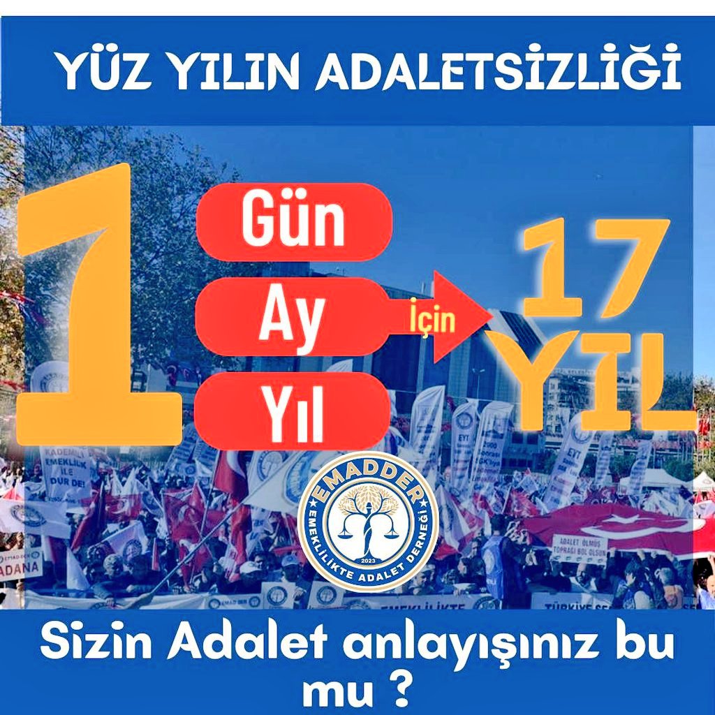 Aynı işyerinde çalışan, aynı prim gününe sahip iki kişi… 
Biri emekli oldu, diğeri 15 yıl daha çalışmak zorunda! 
Bu nasıl bir sistem? 
Anayasa'nın eşitlik ilkesi nerede? 
#KademeyiAcilYasalaştırın
