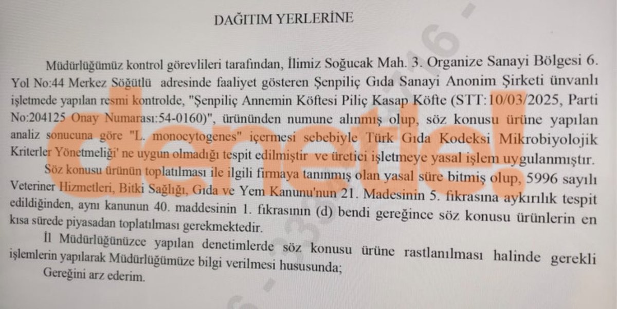 denetlecomtr's tweet photo. Şenpiliç’te skandal!

Şenpiliç’in 204125 parti numaralı Annemin Köftesi Piliç Kasap Köfte ürününden alınan numuneler sonucunda L. monocytogenes adlı ölümcül bir bakteri tespit edildi.

Firmaya 210 bin TL ceza verilirken, ürünlerin en kısa sürede toplatılması talimatı verildi. https://t.co/Kw3X0bz2Z0