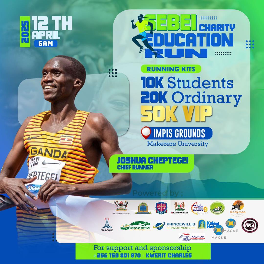 IgniteSebeiConvo (@ignitesebeiconv) on Twitter photo “Run for a cause, run for education! Join the Sebei Charity Education Run this 12th April at Makerere – led by champion Joshua Cheptegei! Every step supports a student’s future.” Join US!!!
<a href="/SebeiNation/">Sebei Nation</a> <a href="/joshuacheptege1/">Joshua Cheptegei 🇺🇬🇺🇬 🥇🥇</a> <a href="/JoshChepFound/">Joshua Cheptegei Development Foundation</a>
<a href="/Makerere/">Makerere University</a>
Link:x.com/i/spaces/1mnxe… “Run for a cause, run for education! Join the Sebei Charity Education Run this 12th April at Makerere – led by champion Joshua Cheptegei! Every step supports a student’s future.” Join US!!!
<a href="/SebeiNation/">Sebei Nation</a> <a href="/joshuacheptege1/">Joshua Cheptegei 🇺🇬🇺🇬 🥇🥇</a> <a href="/JoshChepFound/">Joshua Cheptegei Development Foundation</a>
<a href="/Makerere/">Makerere University</a>
Link:x.com/i/spaces/1mnxe…