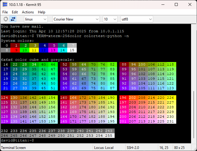 davidrgnz's tweet photo. It has been *a lot* of work, but 256-colour support in Kermit 95 is finally showing some visible sign of progress! Still a fair bit of work to go to finshin the implementaiton off, like commands and OSC sequence for customisng the colour palette, etc. https://t.co/Uy0hIZ2KcO