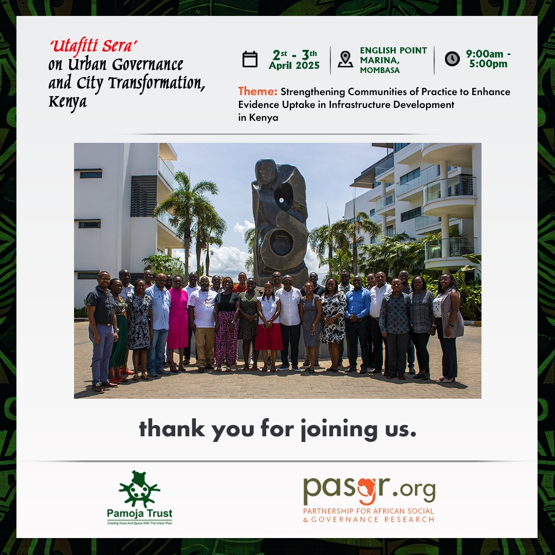 pamoja_trust's tweet photo. Thank You for Attending!

What a powerful few days of learning, reflection, and connection at the 'Utafiti Sera' on Urban Governance and City Transformation, Kenya, convening on Social Safeguards!

Looking forward to continued collaborations, ideas, and the shared journey ahead. https://t.co/fboDNzUZGz