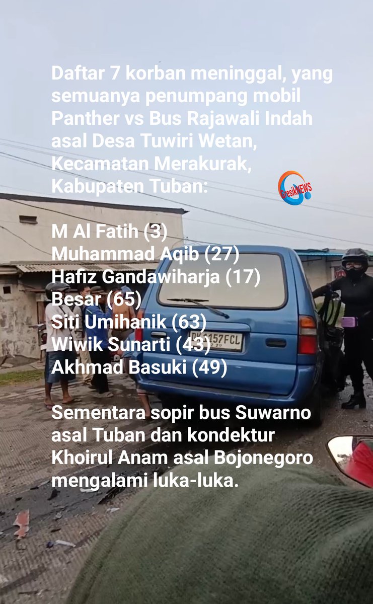 gresikNEWS's tweet image. Berikut ini daftar 7 korban meninggal, yang semuanya penumpang mobil Panther rombongan pengantar umroh asal Desa Tuwiri Wetan, Kecamatan Merakurak, Kabupaten Tuban.

#kecelakaan #umroh #gresik #duduksampeyan #viral #fyp #Trending
