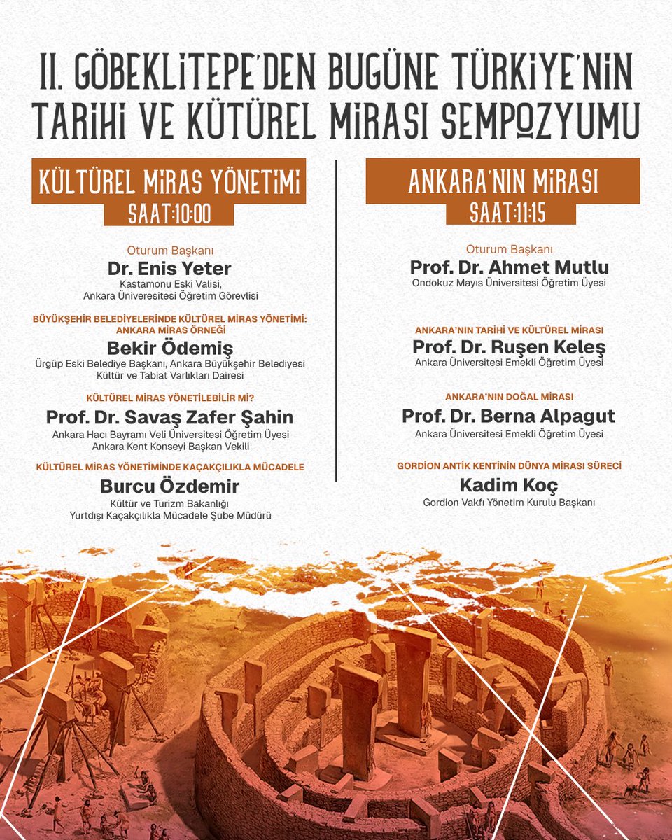 Ankara Kent Konseyi destekleriyle, Akademik Düşünce Enstitüsü organizasyonuyla gerçekleştirilecek “II. Göbeklitepe’den Bugüne Türkiye’nin Tarihi ve Kültürel Mirası Sempozyumu” ile geçmişin izini bugüne taşıyoruz. 🏛️🧭📚

📅 12-13 Nisan 2025
🕘 09.00 - 20.00
📍 Cem Eren Kültür