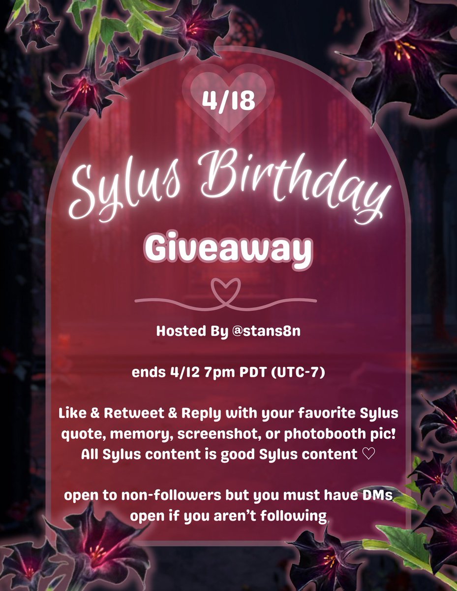 stans8n's tweet photo. ♡🌺Sylus Birthday Giveaway🌺♡

                       •┈୨♡୧┈• 

• 1 - 22 winners depending on RTs of this post
• ends 4/12 7pm (before banner drop)
• like + RT + reply to this tweet with your favorite Sylus quote/memory/screenshot/pic

#Sylus #LoveandDeepspace #ladstwt https://t.co/WzciEjFYBl