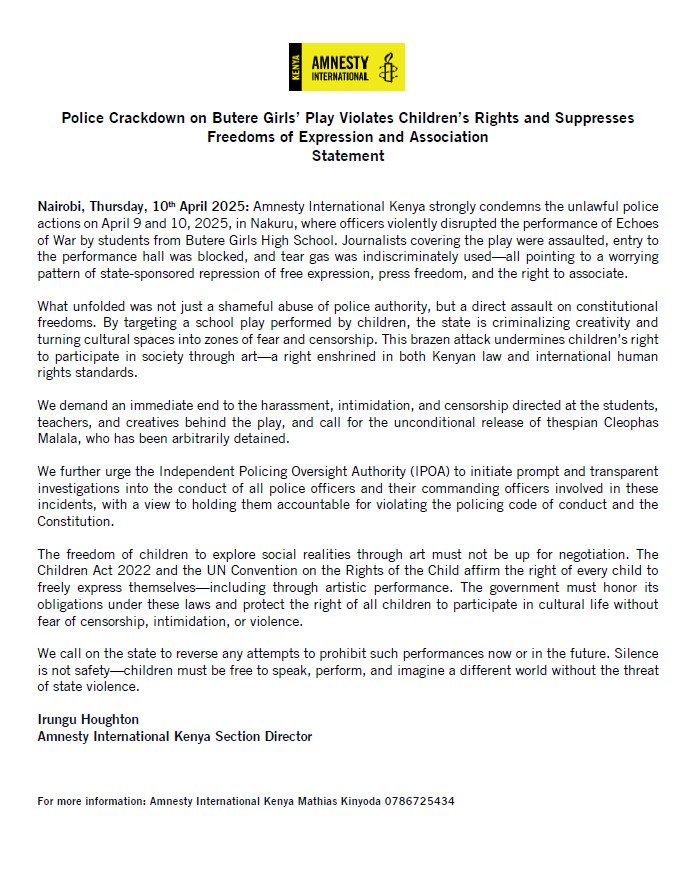 Amnesty Kenya (@amnestykenya) on Twitter photo We condemn the violent crackdown on Butere Girlsâ play Echoes of War. Teargassing children. Beating journalists. Arresting artists. This is repression of freedom of expression.
amnestykenya.org/police-crackdoâŚ
#ButereGirls #NationalDramaFestivals #EchoesOfWar
<a href="/NationBreaking/">Nation Breaking News</a> <a href="/KTNNewsKE/">KTN News</a> We condemn the violent crackdown on Butere Girlsâ play Echoes of War. Teargassing children. Beating journalists. Arresting artists. This is repression of freedom of expression.
amnestykenya.org/police-crackdoâŚ
#ButereGirls #NationalDramaFestivals #EchoesOfWar
<a href="/NationBreaking/">Nation Breaking News</a> <a href="/KTNNewsKE/">KTN News</a>