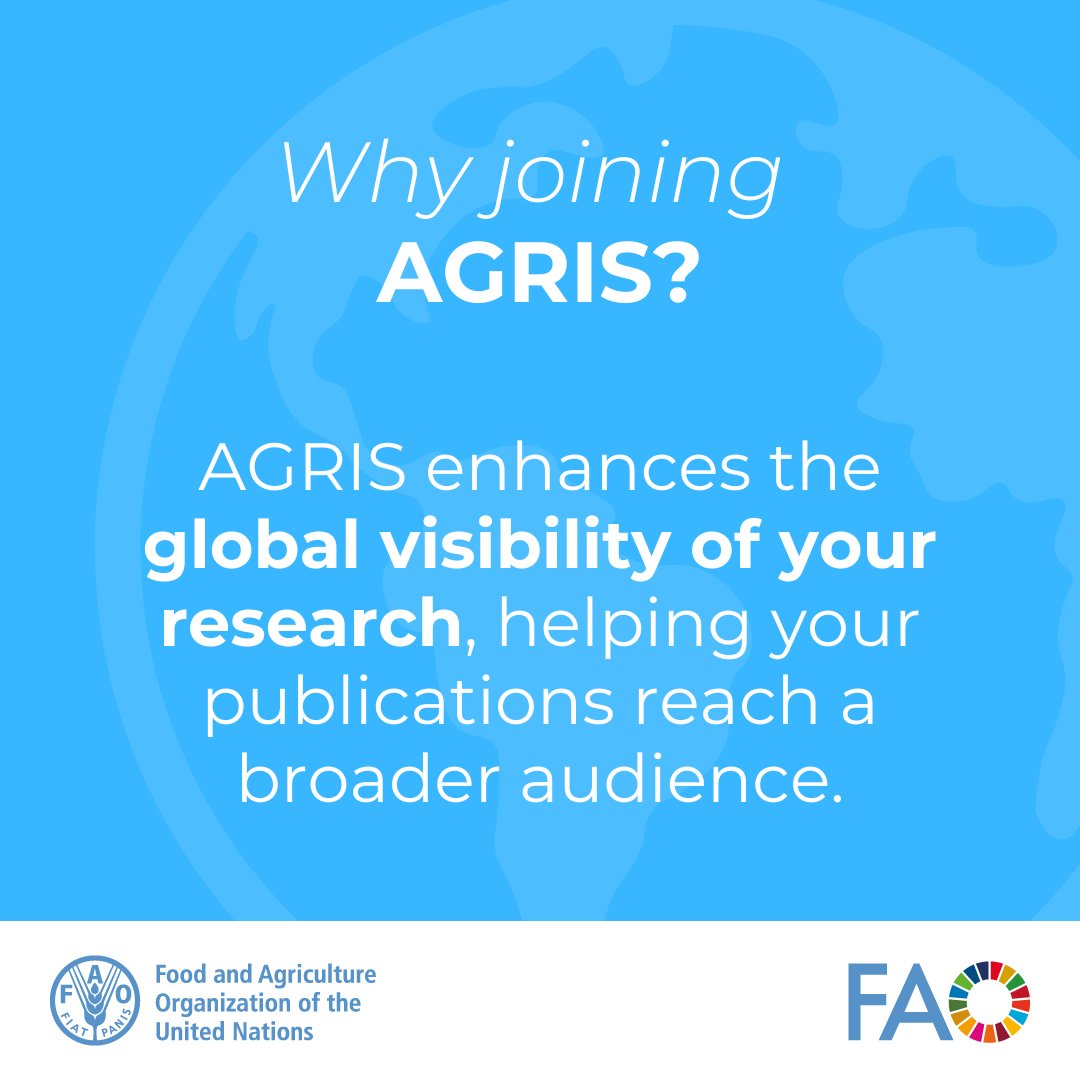 FAOAIMS's tweet photo. 🧪  Bring your organization's research to the next level with #AGRIS!

By joining AGRIS, you will benefit from:

🔍 Enhanced visibility of its research outputs
🤝 Collaboration with other research institutions
🌍 Global accessibility of your records

👉https://t.co/BgJlBj479n https://t.co/ZvV6fCmdQC
