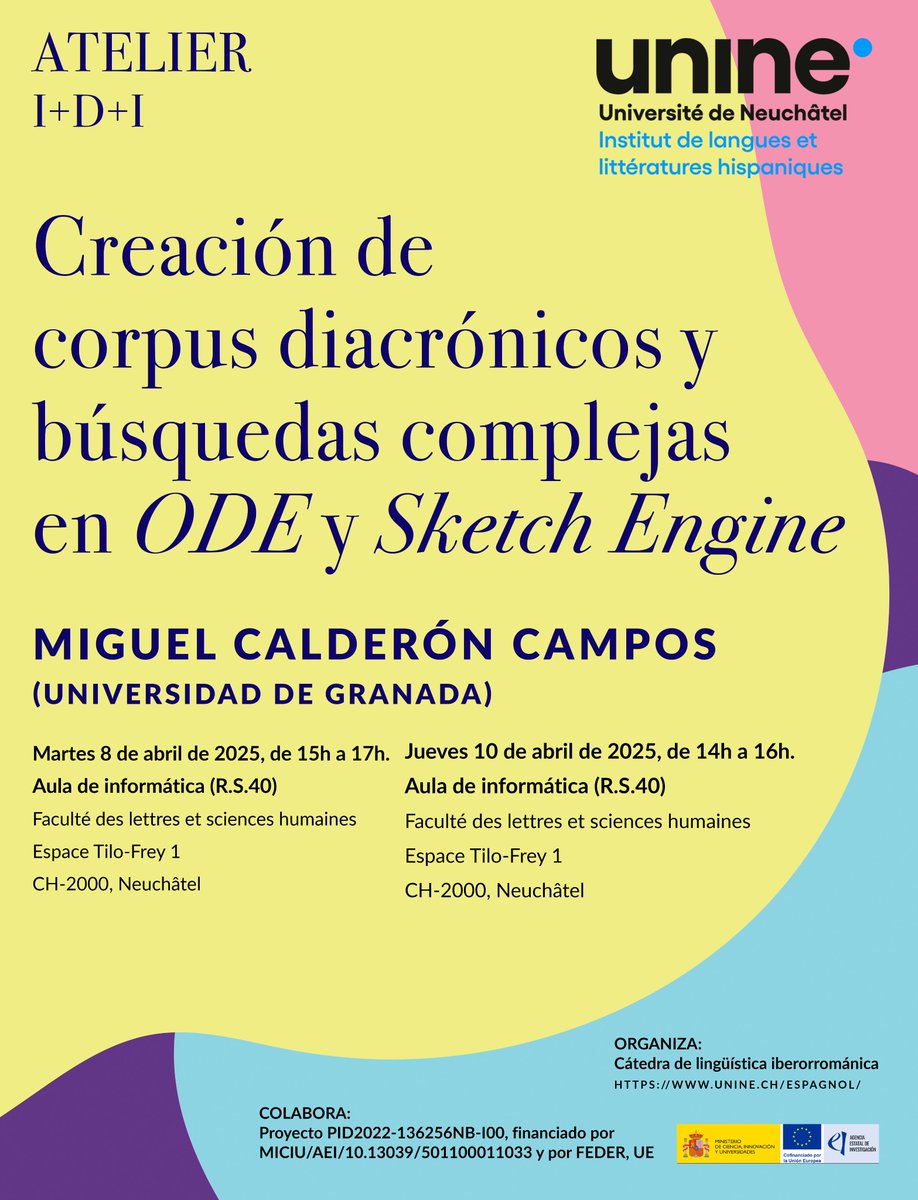 Seguimos con el taller de corpus diacrónicos, organizado por la cátedra de Lingüística Iberorrománica de la Universidad de Neuchâtel, en colaboración con el Proyecto I+D+i «Vita Verborum» (UGR)