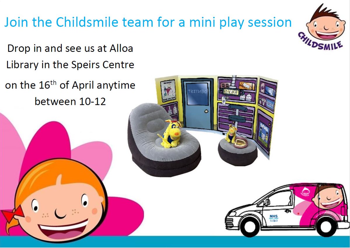 NHSChildsmile's tweet photo. Tomorrow you can come and join the @NHSForthValley Childsmile Oral Health Team who will be at Alloa library in the Speirs Centre on Wednesday 16th April for a pop up play session between 10am-12noon.

#Childsmile #AlloaLibrary #oralhealth #playsession #comealong #NHSForthValley https://t.co/QdvDYaPFuc