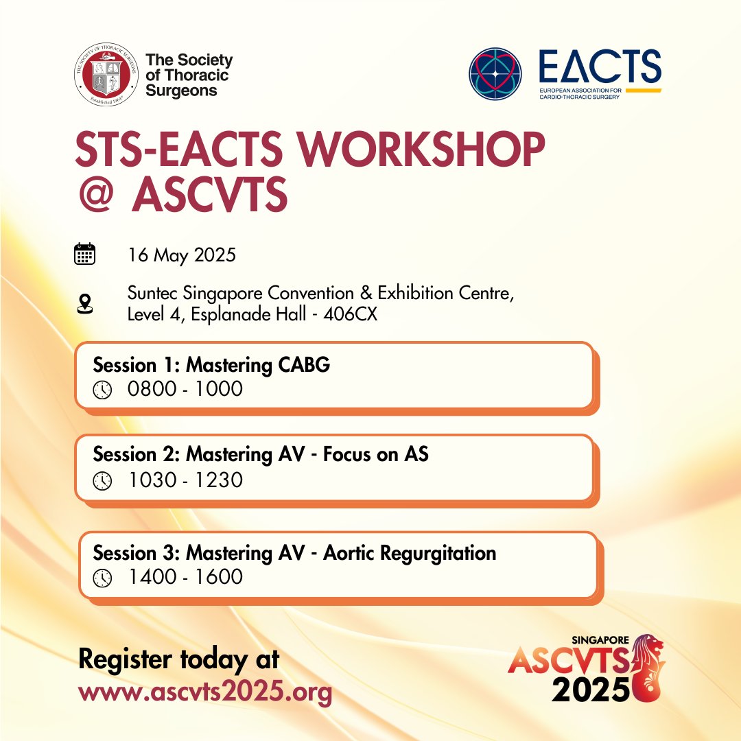 EACTS (@eacts) on Twitter photo In partnership with <a href="/STS_CTsurgery/">The Society of Thoracic Surgeons</a>, we're bringing three exciting sessions to the 33rd ASCVTS Annual Meeting in Singapore! 🇸🇬
Session 1️⃣: Mastering CABG
🗓️ 08:00 – 10:00 (SGT) | 16 May
📌 Join EACTS Secretary General, <a href="/pomyers/">Patrick Myers</a>, and <a href="/JoeSabik/">Joe Sabik</a> for a thought-provoking dive into the In partnership with <a href="/STS_CTsurgery/">The Society of Thoracic Surgeons</a>, we're bringing three exciting sessions to the 33rd ASCVTS Annual Meeting in Singapore! 🇸🇬
Session 1️⃣: Mastering CABG
🗓️ 08:00 – 10:00 (SGT) | 16 May
📌 Join EACTS Secretary General, <a href="/pomyers/">Patrick Myers</a>, and <a href="/JoeSabik/">Joe Sabik</a> for a thought-provoking dive into the