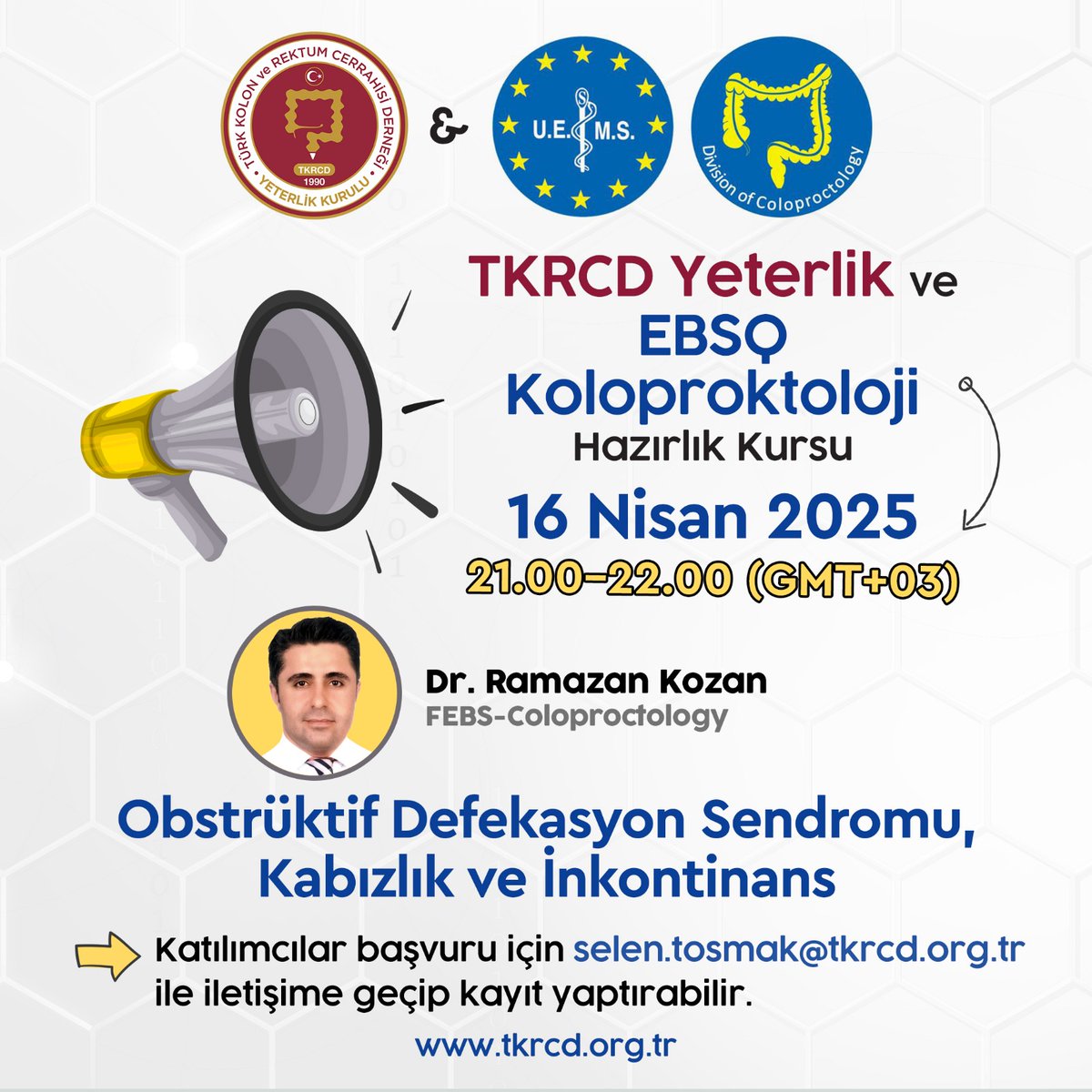 TKRCD_'s tweet photo. 🎓TKRCD Yeterlik Değerlendirme ve EBSQ Koloproktoloji Hazırlık Kursuna Davetlisiniz!

🗓 16 Nisan 2025, Çarşamba
⏰ 21:00-22:00 (GMT+3)
👨‍⚕Konuşmacı: Dr. Ramazan Kozan

Konu: Obstrüktif Defekasyon Sendromu, Kabızlık ve İnkontinans

#ebsq #koloproktoloji #TKRCD #KoloproktolojiEgitimi #TKRCDyeterlikdegerlendirme @kozanr