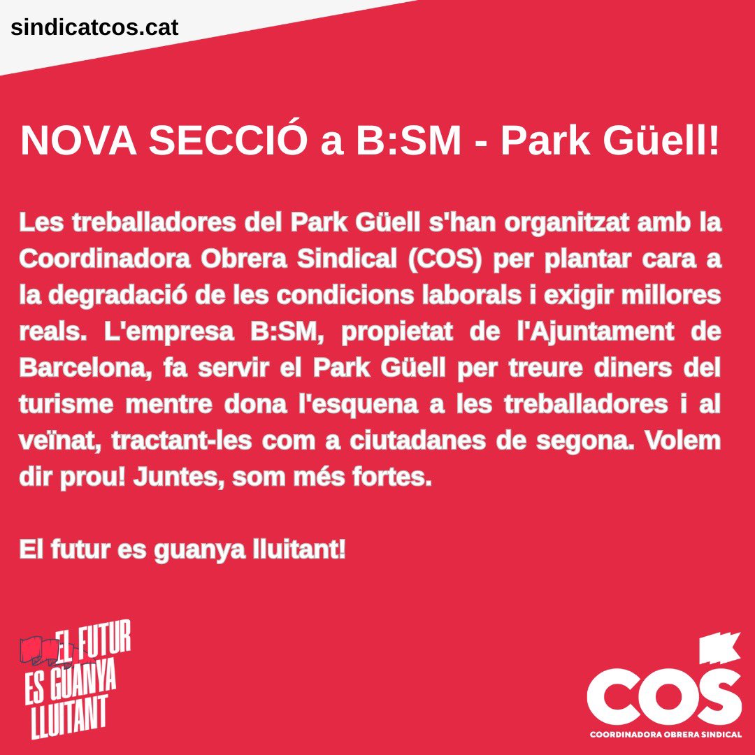 Assemblea Laboral de Gràcia - COS (@laboralgracia) on Twitter photo NOVA SECCIÓ a B:SM - Park Güell!
🔗Notícia completa al web:
sindicatcos.cat/nova-seccio-si…
📧Contacte:
cosparkguell@protonmail.com
#TriaElRoig #COS #ParkGüell #BcnTreballadora #SeccióSindical NOVA SECCIÓ a B:SM - Park Güell!
🔗Notícia completa al web:
sindicatcos.cat/nova-seccio-si…
📧Contacte:
cosparkguell@protonmail.com
#TriaElRoig #COS #ParkGüell #BcnTreballadora #SeccióSindical
