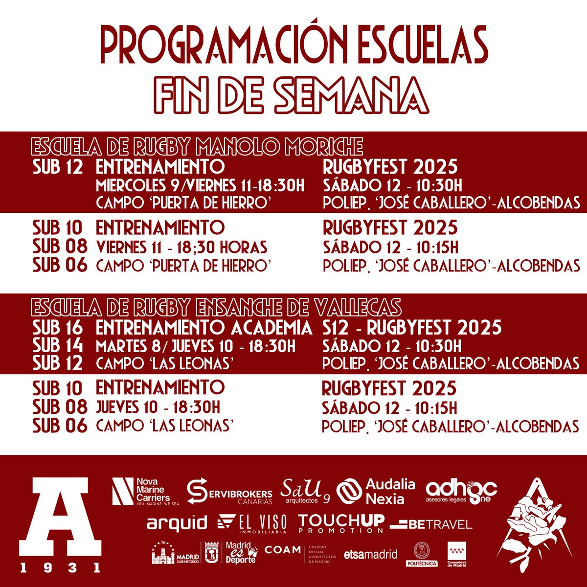 Club Deportivo Arquitectura (@cdarquitectura) on Twitter photo 📢PROGRAMACIÓN FIN DE SEMANA🏉
¡Aúpa Escuela!🌹
#cda #arquitecturaugby #rugbymadrid #NuestroRugby
<a href="/ferugby/">España Rugby</a>
<a href="/RugbyMadrid/">Federación de Rugby de Madrid</a>
<a href="/ComunidadMadrid/">Comunidad de Madrid</a>
<a href="/MADRID/">Ayuntamiento Madrid</a>
<a href="/JMDvivallecas/">Villa de Vallecas</a>
<a href="/La_UPM/">Universidad Politécnica de Madrid</a>
<a href="/ETSAMadrid/">ETSAM</a>
<a href="/COAMadrid/">COAM</a> 📢PROGRAMACIÓN FIN DE SEMANA🏉
¡Aúpa Escuela!🌹
#cda #arquitecturaugby #rugbymadrid #NuestroRugby
<a href="/ferugby/">España Rugby</a>
<a href="/RugbyMadrid/">Federación de Rugby de Madrid</a>
<a href="/ComunidadMadrid/">Comunidad de Madrid</a>
<a href="/MADRID/">Ayuntamiento Madrid</a>
<a href="/JMDvivallecas/">Villa de Vallecas</a>
<a href="/La_UPM/">Universidad Politécnica de Madrid</a>
<a href="/ETSAMadrid/">ETSAM</a>
<a href="/COAMadrid/">COAM</a>