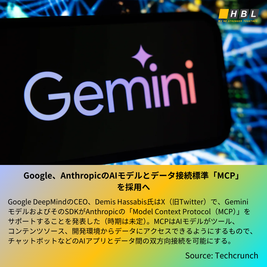 hblab_jp's tweet photo. 【最新版】IT業界でのトレンド・ニュース ❗
❶ Google、AnthropicのAIモデルとデータ接続標準「MCP」を採用へ
❷ イーロン・マスクのxAI、「Grok 3」のAPIをリリース
❸ Ilya SutskeverのAIスタートアップ、研究でGoogle Cloudと協力
❹ OpenAI、イーロン・マスク氏を反訴
#HBLAB #HBLABJapan https://t.co/3G3jRlq4GB