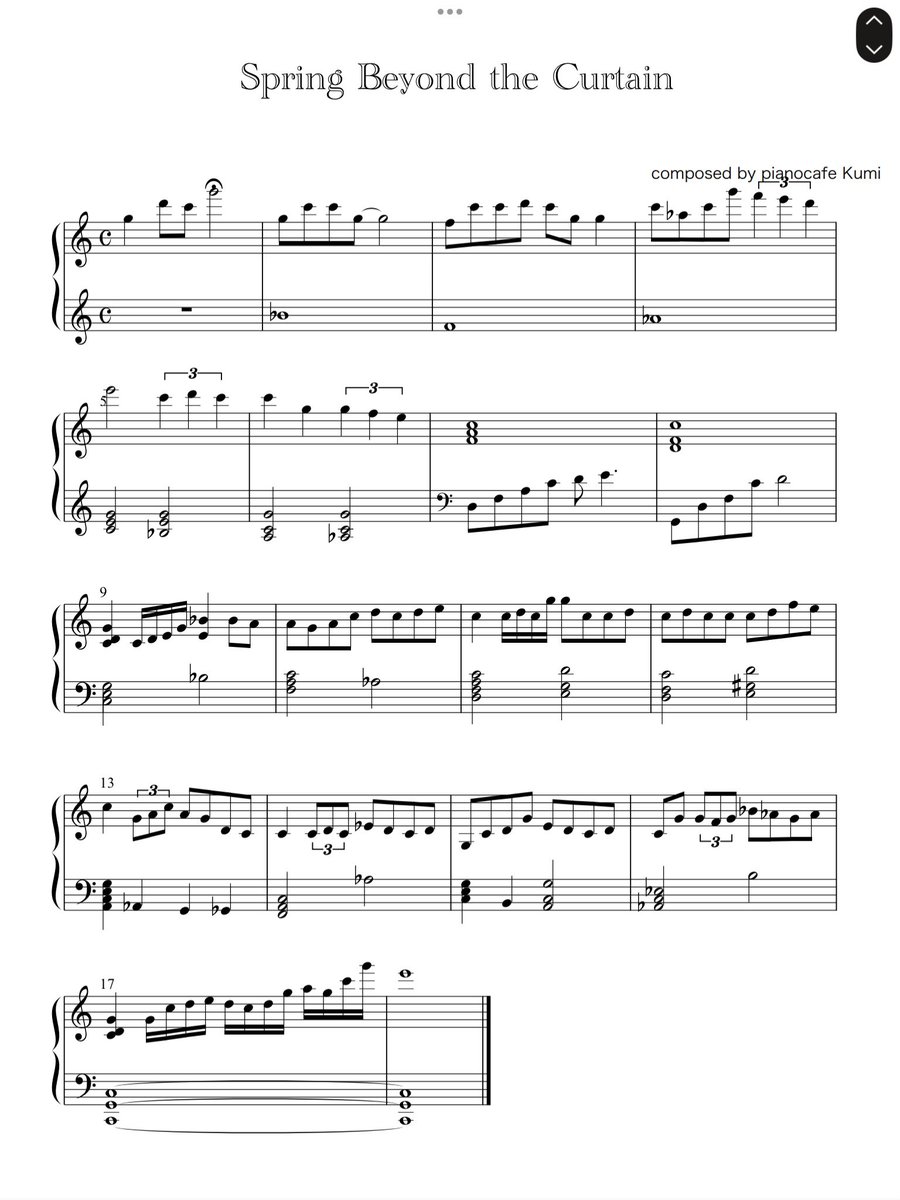 pianocafe_Kumi's tweet image. Here’s the sheet music for "Spring Beyond the Curtain" (improvised).  
A short, single-page piece, free for those who see this post.  
Two versions:  
・Easy key  
・Original key  
It’ll be for sale later, but enjoy this early access!  
#FreeSheetMusic #PianoBGM #SpringMusic