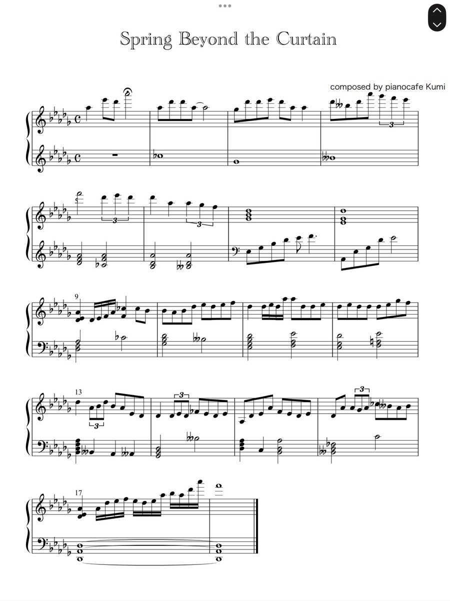 pianocafe_Kumi's tweet image. Here’s the sheet music for "Spring Beyond the Curtain" (improvised).  
A short, single-page piece, free for those who see this post.  
Two versions:  
・Easy key  
・Original key  
It’ll be for sale later, but enjoy this early access!  
#FreeSheetMusic #PianoBGM #SpringMusic