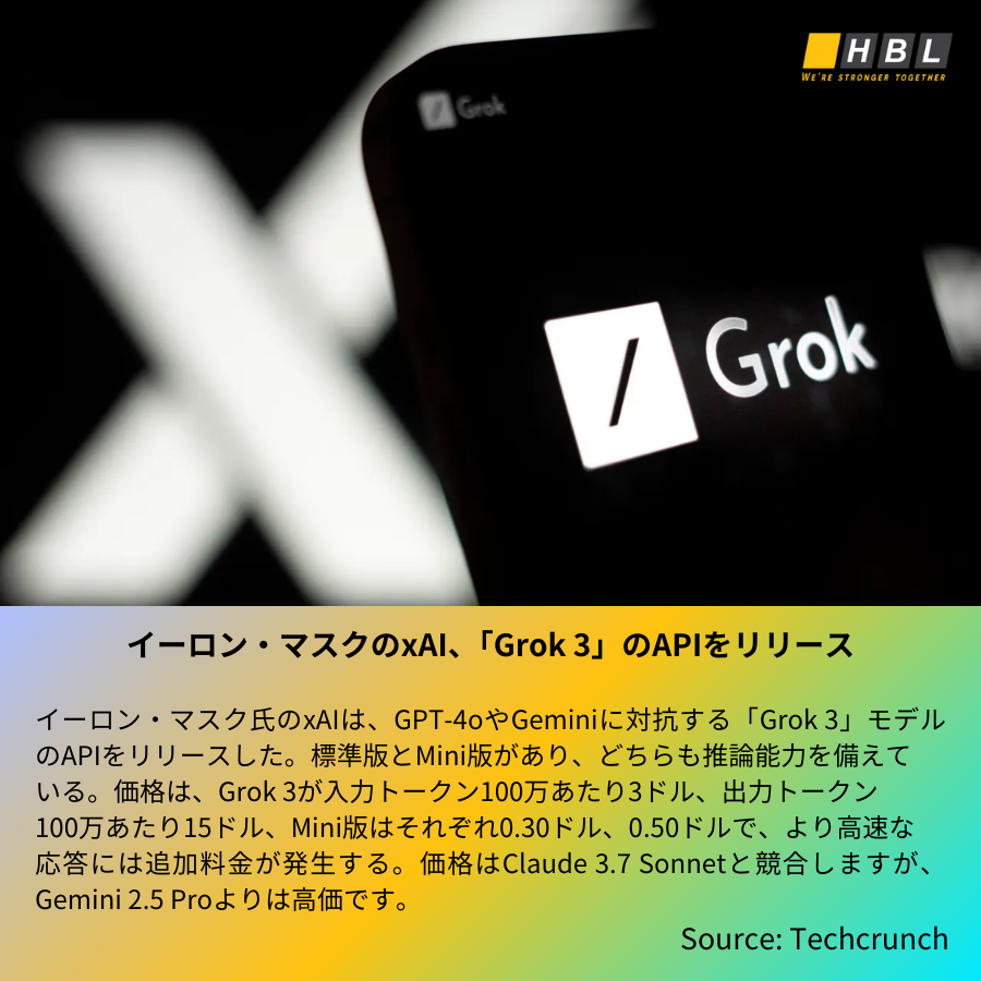hblab_jp's tweet photo. 【最新版】IT業界でのトレンド・ニュース ❗
❶ Google、AnthropicのAIモデルとデータ接続標準「MCP」を採用へ
❷ イーロン・マスクのxAI、「Grok 3」のAPIをリリース
❸ Ilya SutskeverのAIスタートアップ、研究でGoogle Cloudと協力
❹ OpenAI、イーロン・マスク氏を反訴
#HBLAB #HBLABJapan https://t.co/3G3jRlq4GB