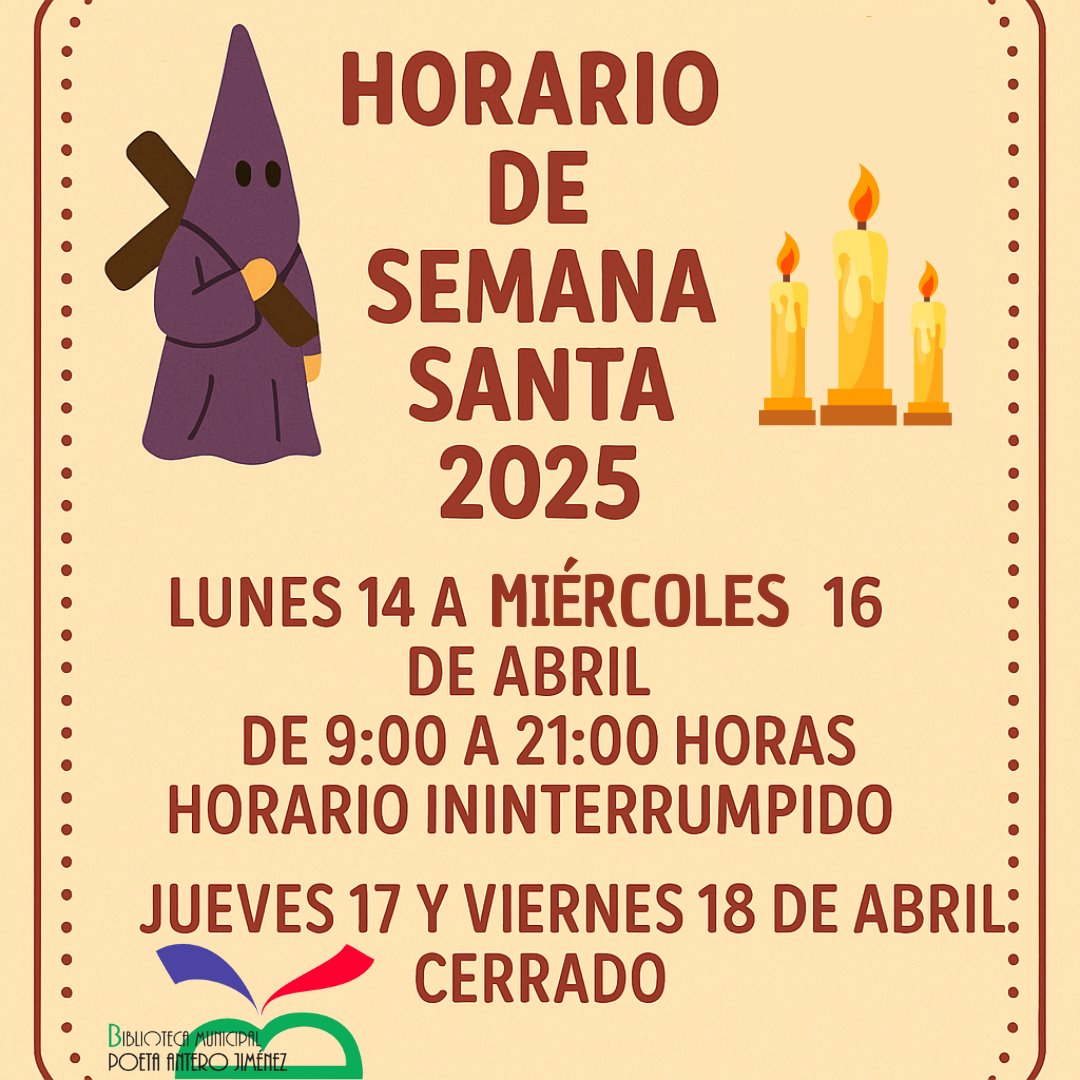 Le informamos del horario de Semana Santa📚✨
‼️Lunes 14 a Miércoles 16 de abril de 9:00 a 21:00 H (horario ininterrumpido)
‼️Jueves 17 y viernes 18 de abril CERRADO.
Que descanséis y recordar que la lectura es un magnifica manera de desconectar😉😉📖

<a href="/bibliotorredel/">Bibliotecadetorredel</a>