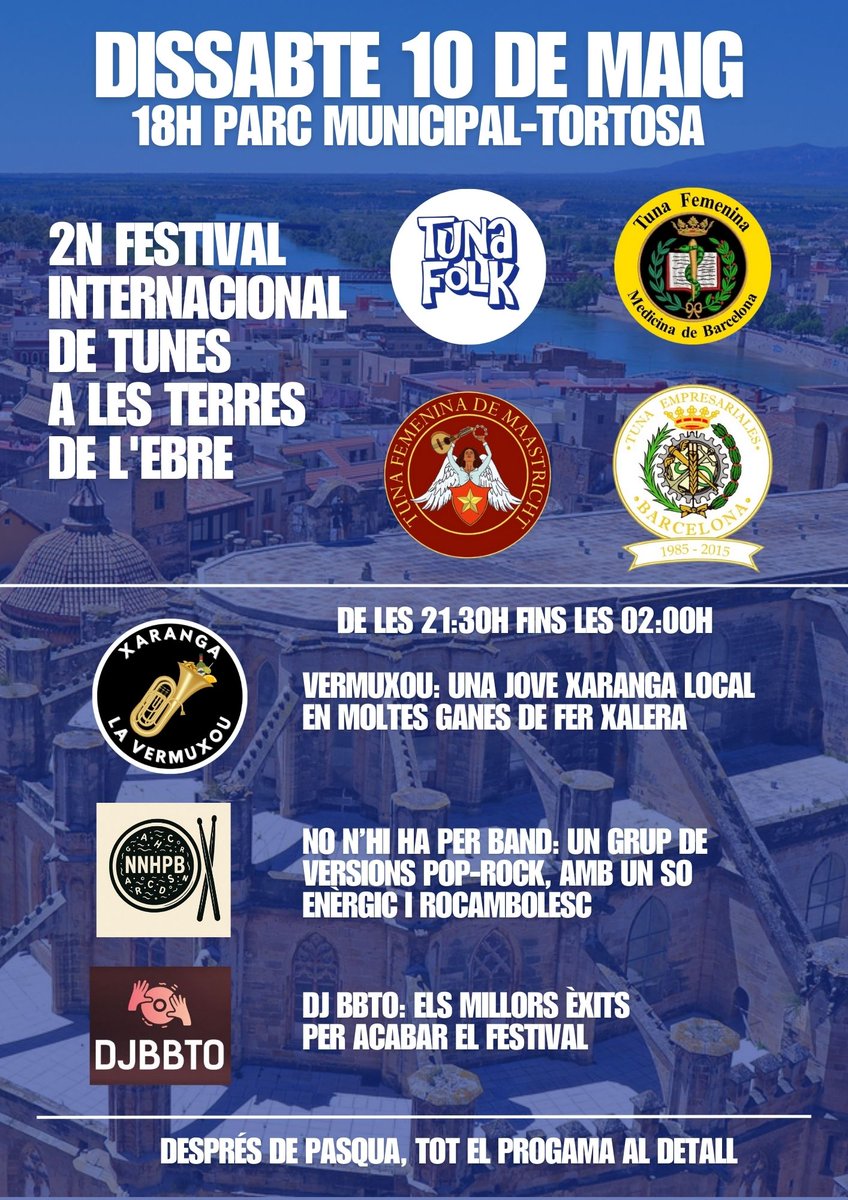 📣10 DE MAIG 💙

Ja tenim tot el cartell del 2n Festival Internacional de Tunes de les Terres de l'Ebre!

Després de Pasqua, tot el programa al detal.

En moltes ganes del festival i de veure-vos a totes i tots!! 🫣🥂