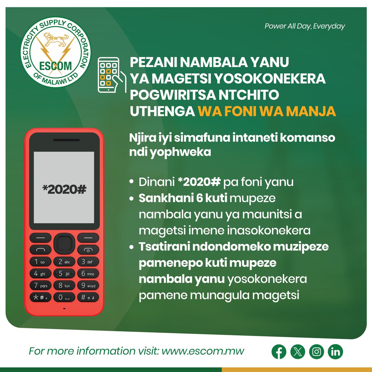 ESCOM_Malawi's tweet image. Kodi mukudziwa kuti mukhonza kupeza nambala yanu ya magetsi (token) yosokonekera pogwiritsa ntchito foni yanu ya manja

💡 Dinani *2020#, sankhani 6 ndikutsatira ndondomeko mupeze.
Zosafunikira bandulo kapena mayunisi kuti zitheke

#EscomUSSDcode
#PowerAllDayEveryday